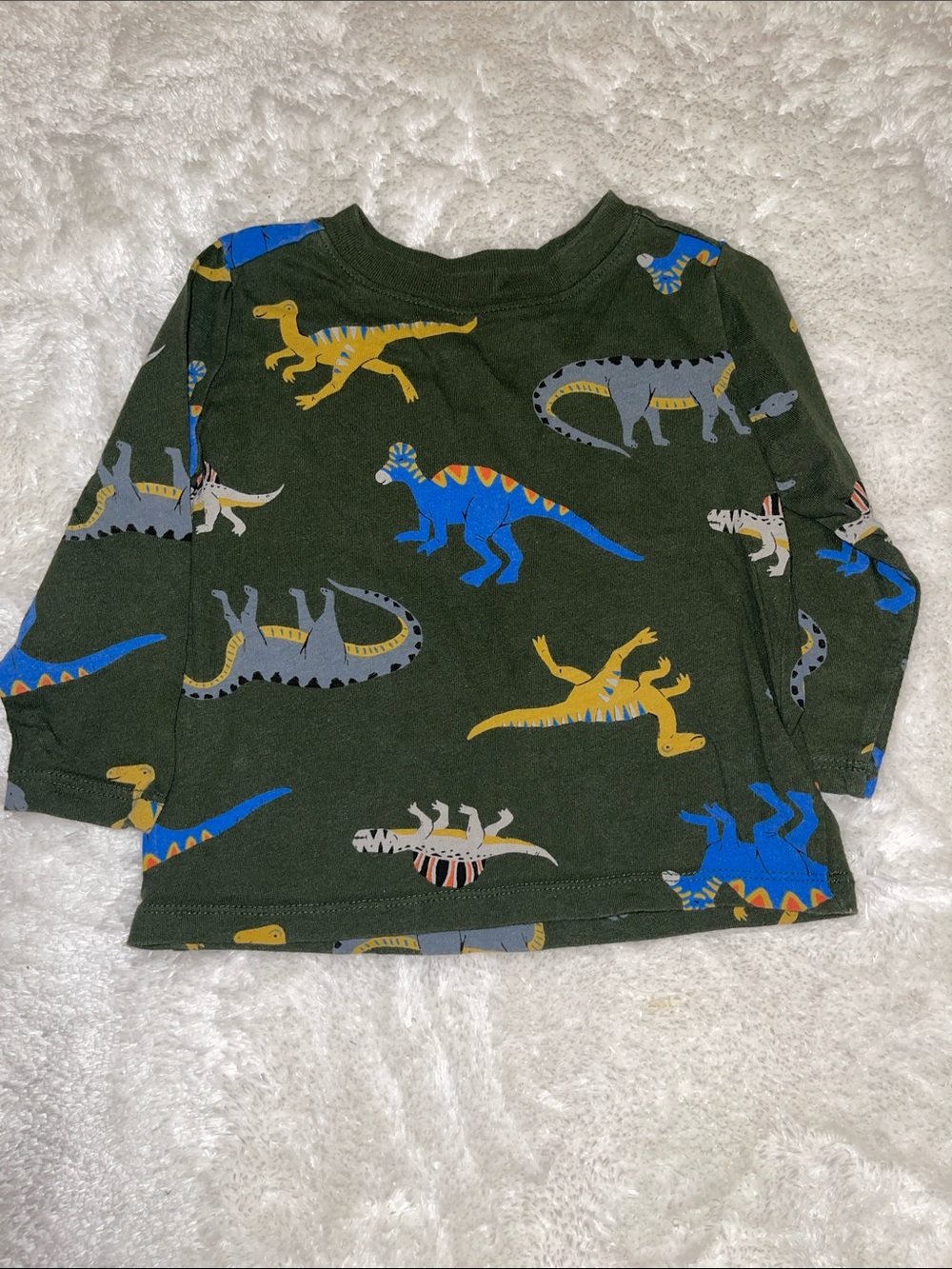 Old Navy Olive Green Long Sleeve Dino Tee with Blue & Yellow Accents